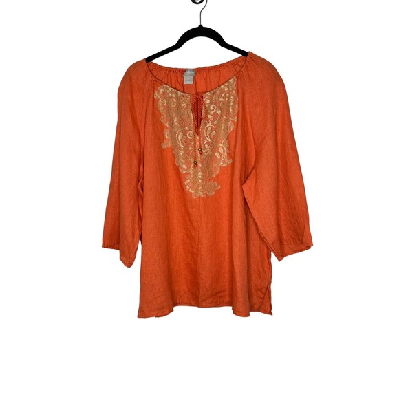 Chicos Womens Petite Peasant Blouse 3(16/18P) Linen Gold‎ Lace Detail Orange - Picture 1 of 10